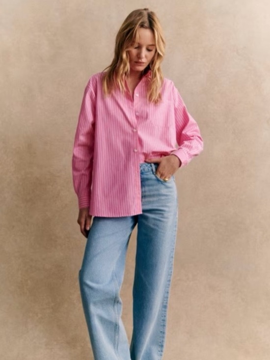 Sezane Tops - Sézane Max Oversized Pink Stripe Organic Cotton Button Down Shirt FR 44 US 12